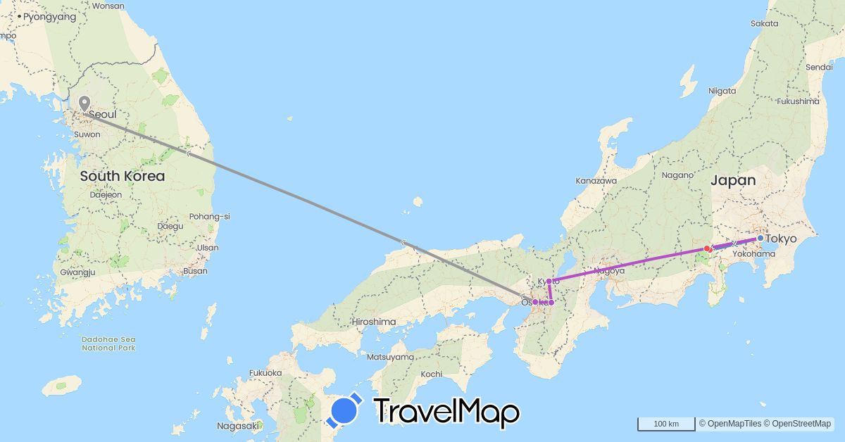 TravelMap itinerary: driving, plane, cycling, train, hiking in Japan, South Korea (Asia)